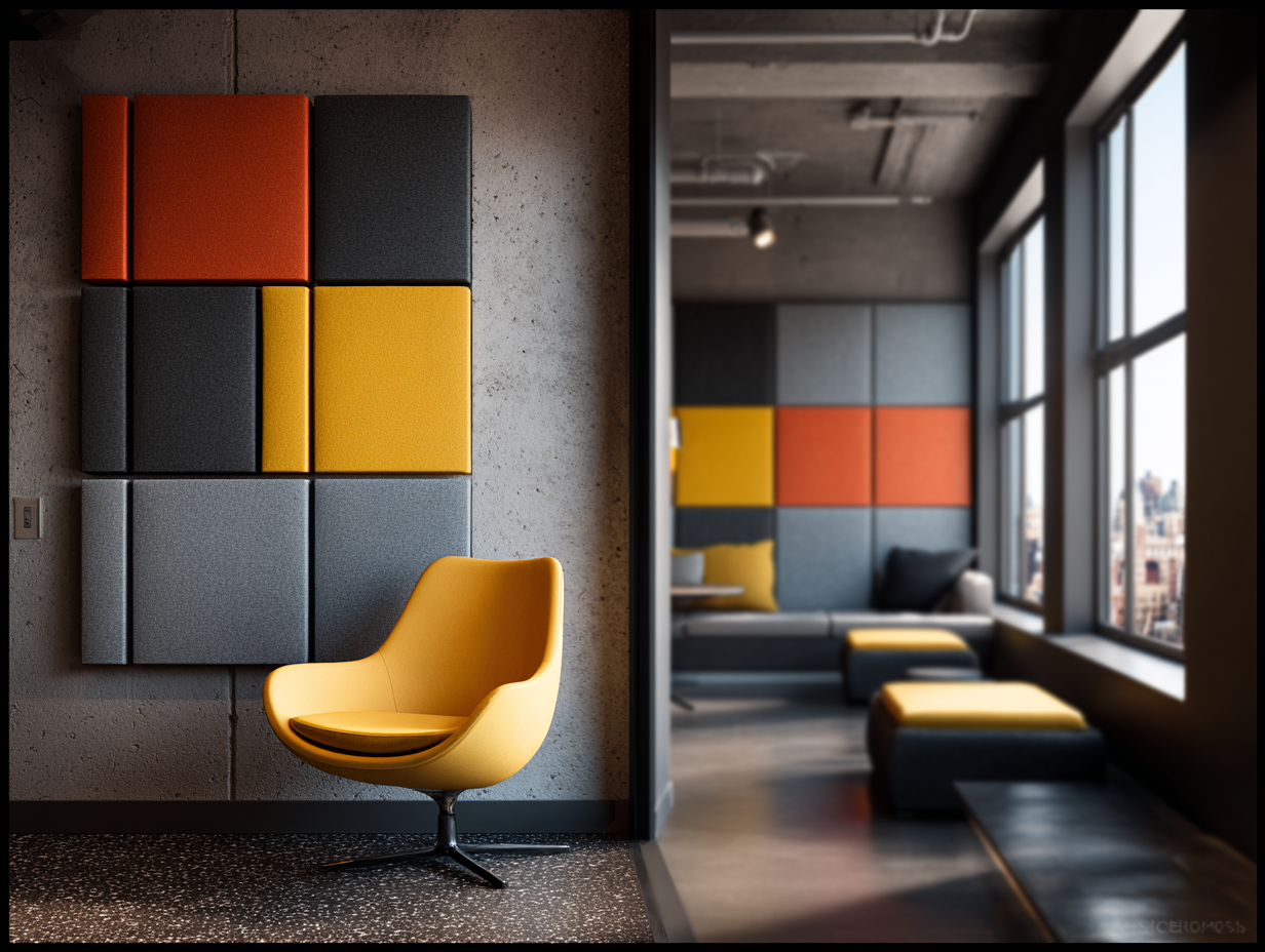 Contemporary lounge area featuring geometric acoustic panels and modern seating.